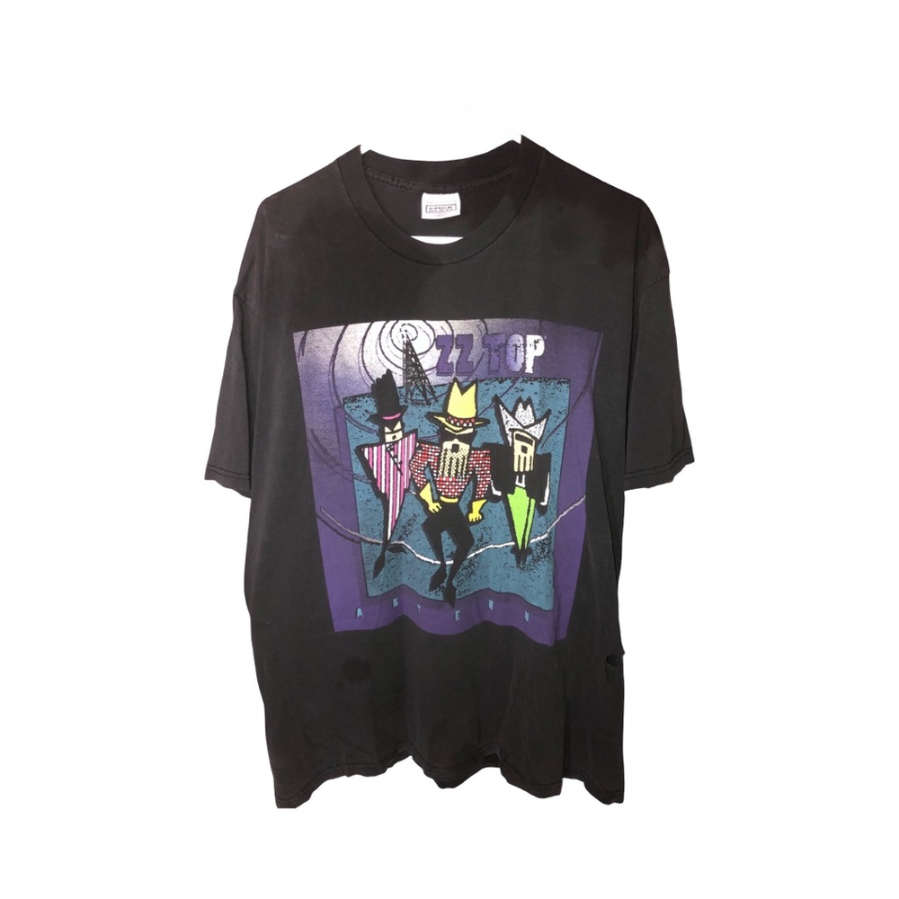 1994 ZZ Top world tour concert Black Short Sleeve Tee with Graphic Print defect